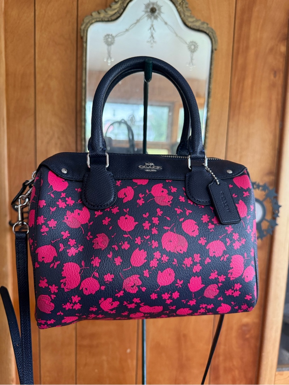 COACH Floral Flower Bennet Satchel Coated Canvas F55466 Handbag Pink Navy